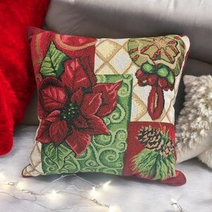 Tapestry‎ Poinsettia Holiday Pillow with zippered top and red backing